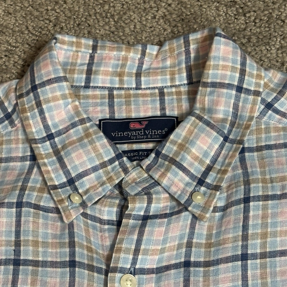 Vineyard Vines Mens‎ Shirt Classic Fit 100% Linen Blue Pink Plaid Medium